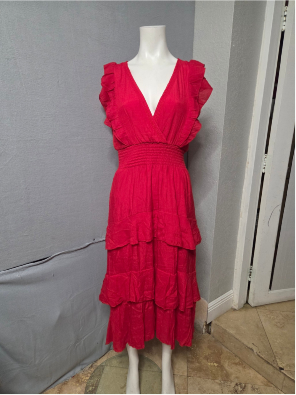 Women's J GEE Red Midi Dress Ruffled Sleeves Tiered Skirt small sz